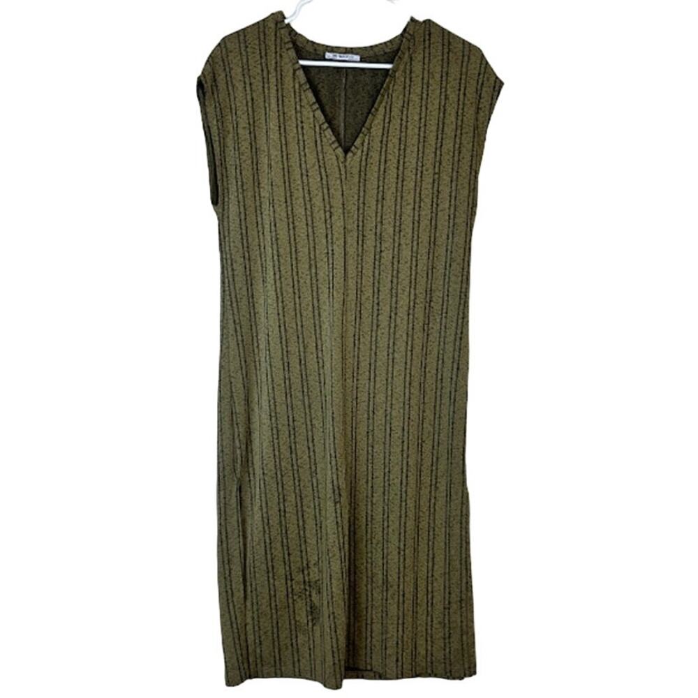 Zara Trafaluc Women's Green Brown Loose Fit Striped Shift Dress Size S‎